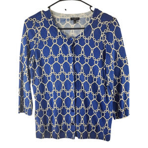 Talbots Blue White Chain Link Printed 3/4 Sleeve Cardigan Sweater Size Small P